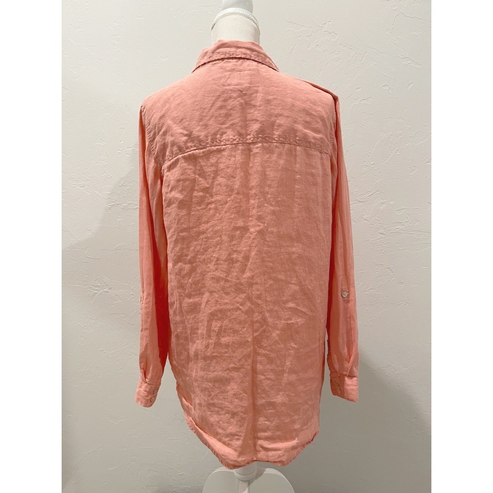 Sigrid‎ Olsen Womens Peach Orange Roll-Tab Sleeve Linen Button-Up Shirt L Beach - Picture 3 of 10